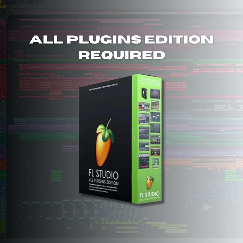 FL Studio All Plugins Edition packaging on a digital background with text. Required.
