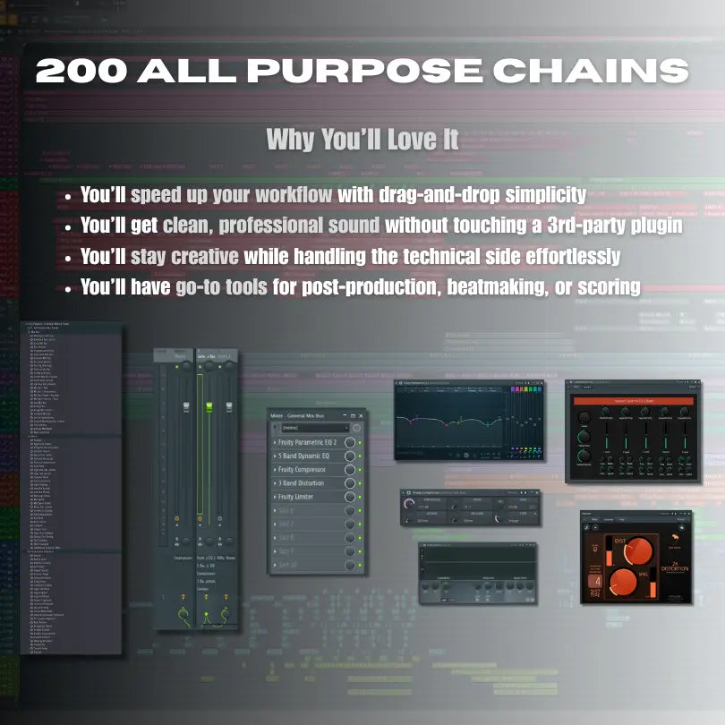 Promotional graphic for Fl Studio audio software with text about features and benefits.