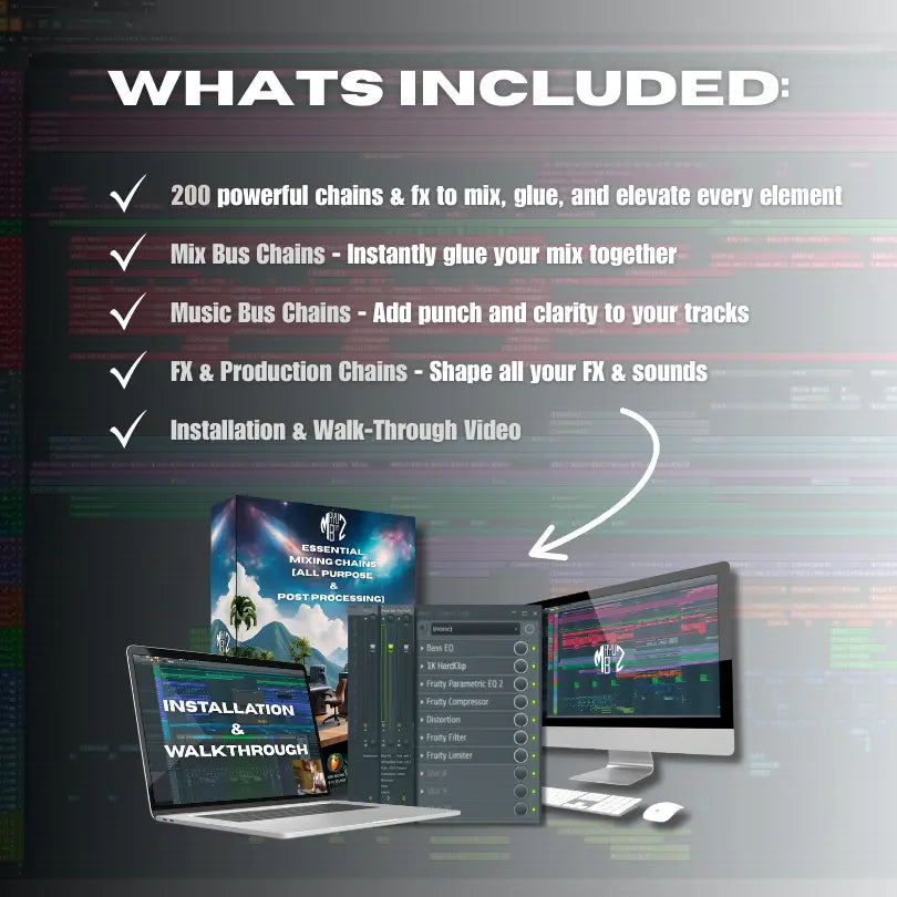 Promotional graphic for Fl Studio music production software with text and computer setup.