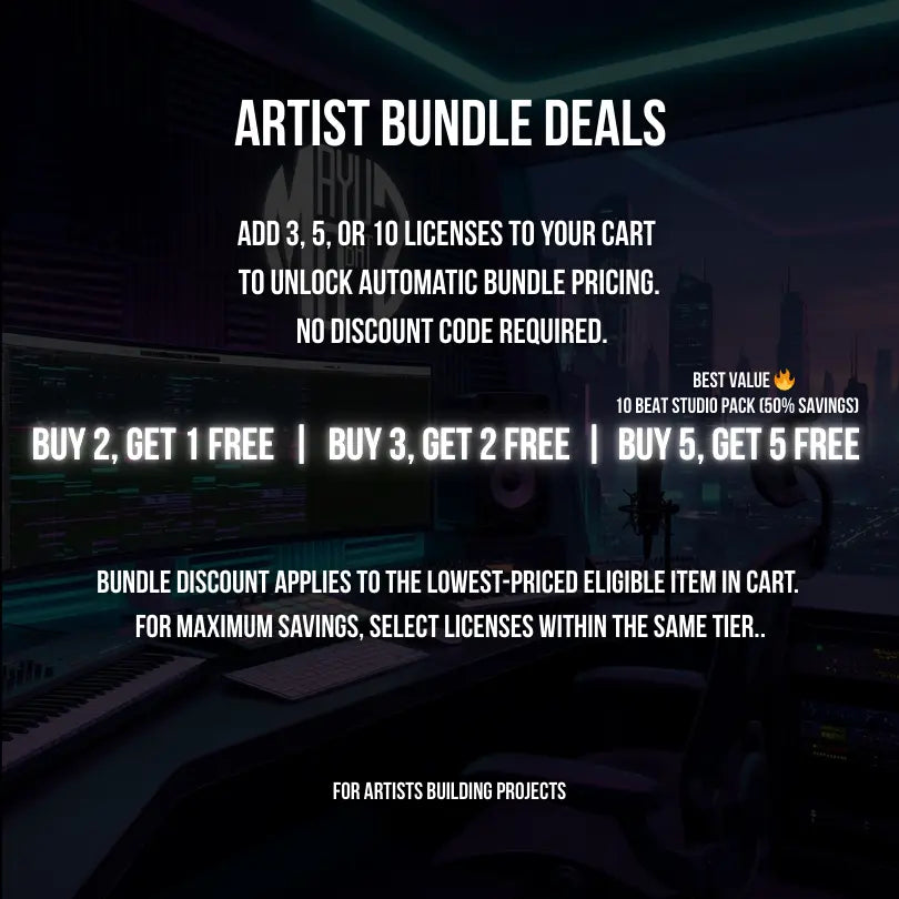 Promotional text for artist bundle deals on beat licenses.