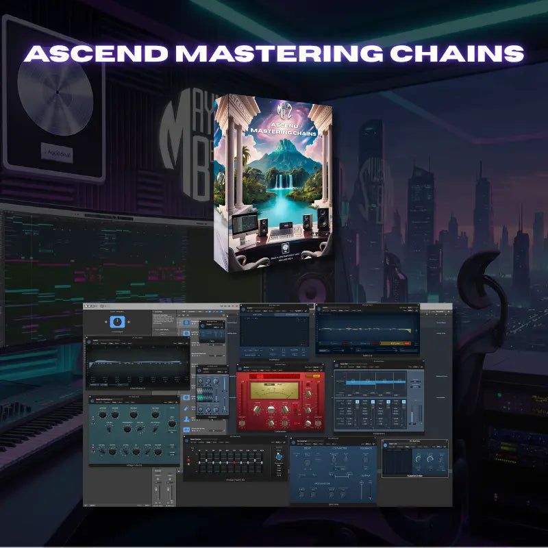 Music production software interface with 'Ascend Mastering Chains' text in a studio setting.