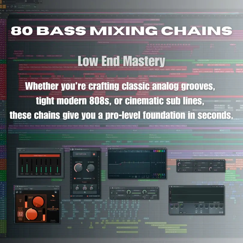 Promotional graphic for 80 Bass Mixing Chains with text and audio interface elements.
