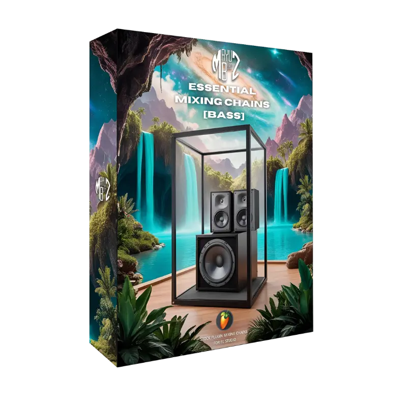 Essential Mixing Chains Bass FL Studio Product packaging with speakers and a scenic background
