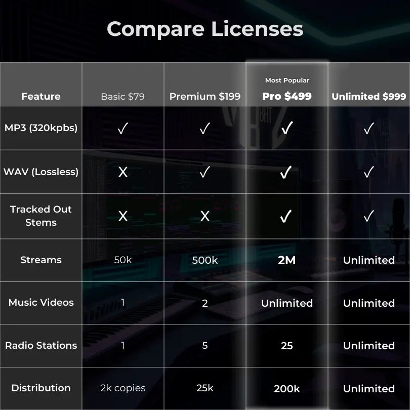 Table comparing different music production licenses with features and pricing.