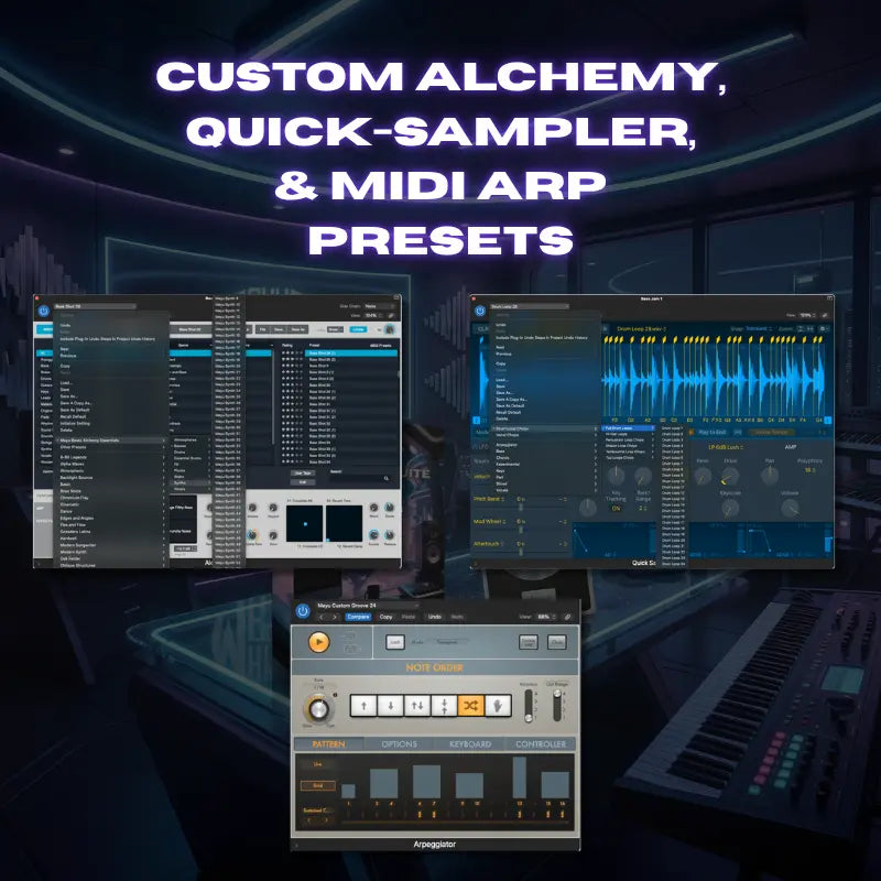 Music production software interface with text about custom alchemy, quick-sampler, and MIDI ARP presets.