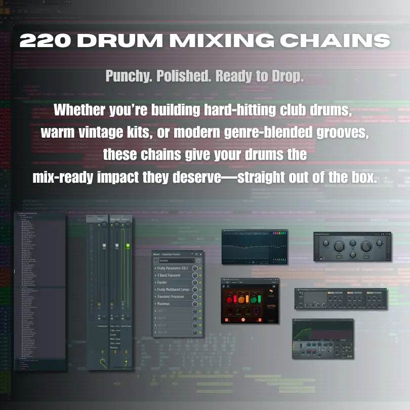 Drum mixing FL Studio software interface with text about drum mixing chains.