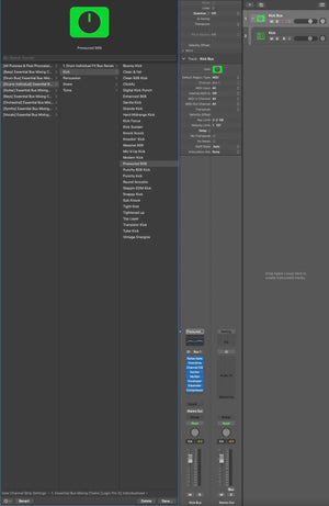 drum bus processing for acoustic and electronic kits, plus dedicated chains for individual elements like kicks, snares, toms, percussion, hats, cymbals, and claps.