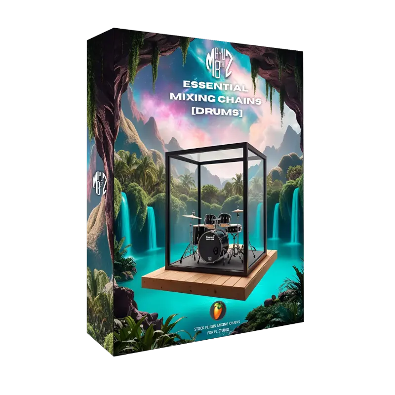 Essential Mixing Chains Drums FL Studio. Product packaging with a jungle-themed design and drum set illustration.