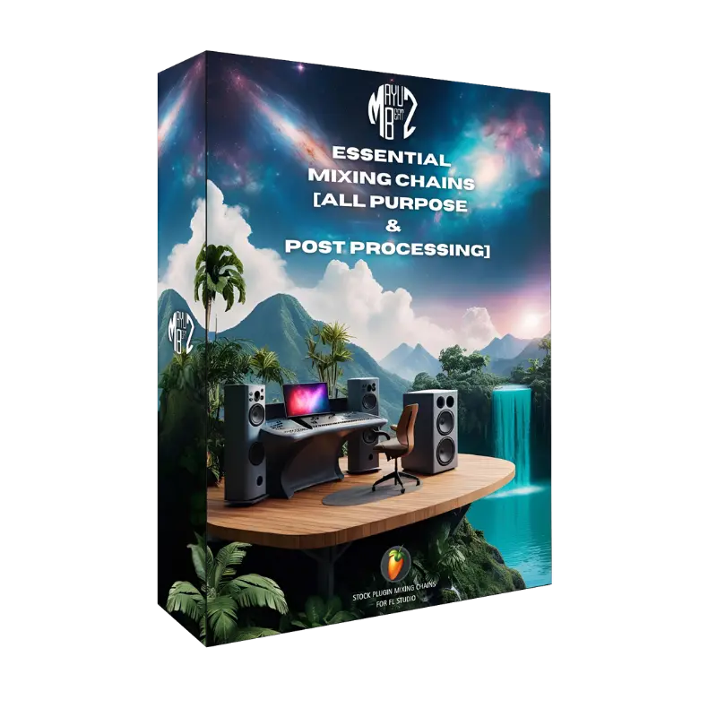 Product packaging for 'Essential Mixing Chains All Purpose' with a scenic design on a white background