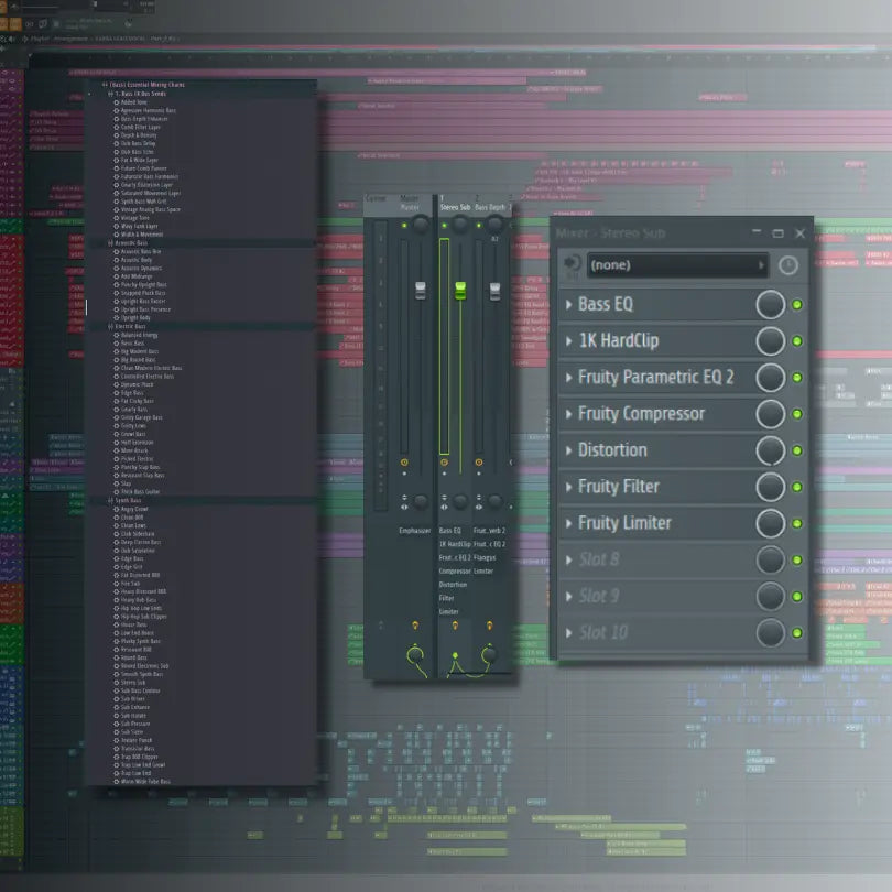 Bass FL Studio Music production software interface with various controls and menus on a colorful background