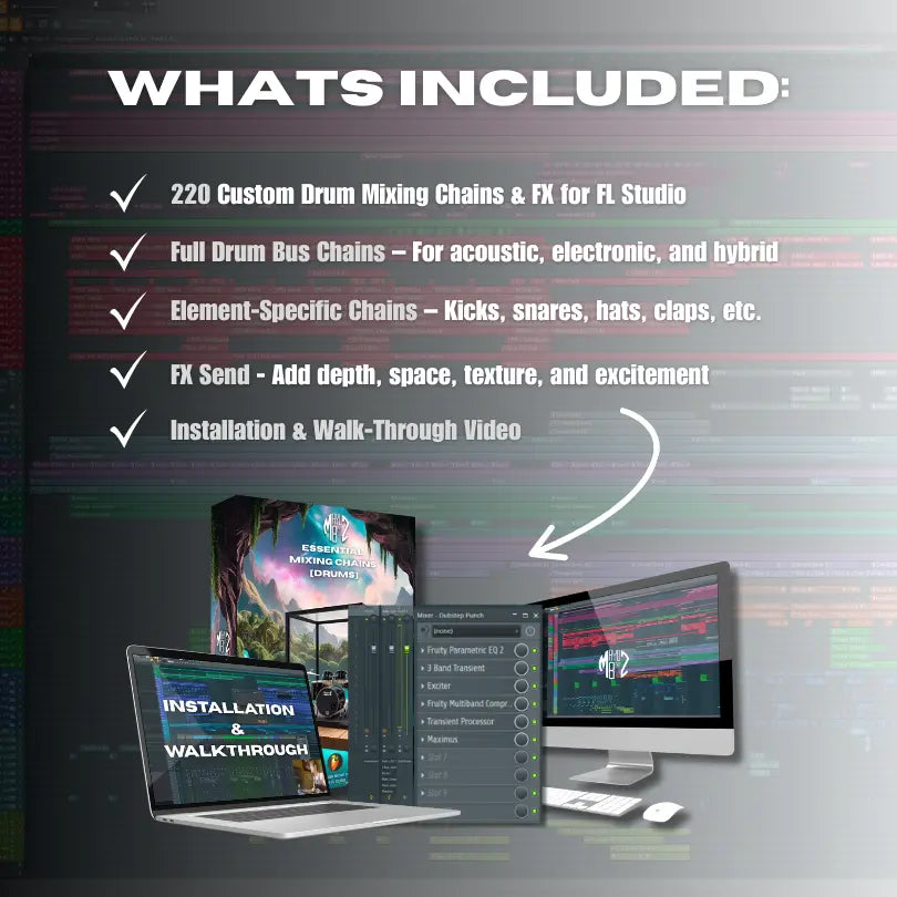 Drum Mixing chains for FL Studio Promotional graphic detailing features of a music production software package with text and computer screens.