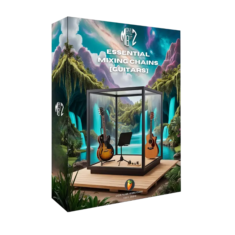 Product packaging for 'Essential Mixing Chains Guitars' with a scenic design on the box.
