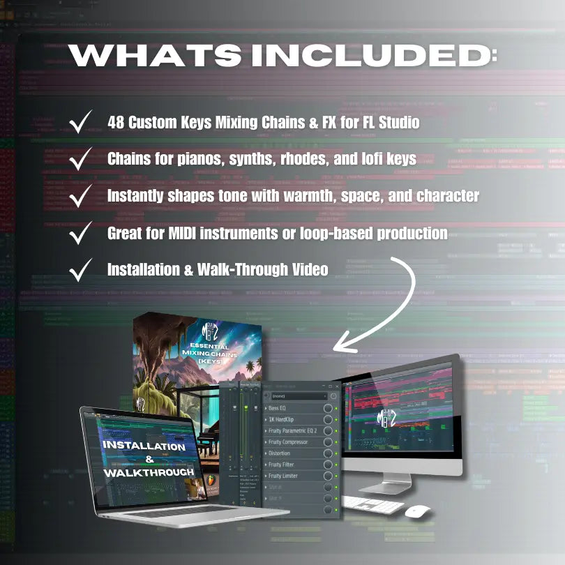 Promotional graphic for FL Studio music production software with text and computer setup imagery.