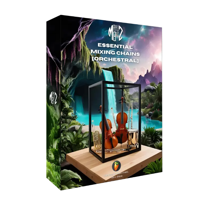 Product packaging for 'Essential Mixing Chains Orchestral' with a scenic design on a white background