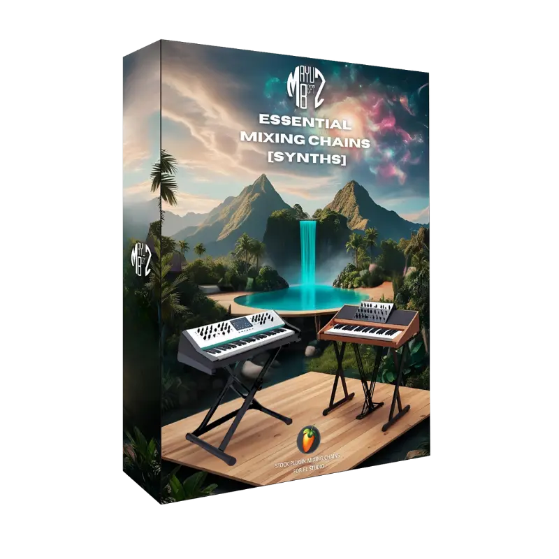 Product packaging for 'Essential Mixing Chains Synths' for FL Studio with a scenic background
