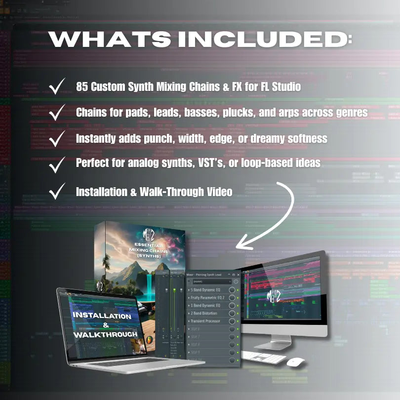 Promotional graphic for synth mixing chains FL Studio music production software with text and computer setup.