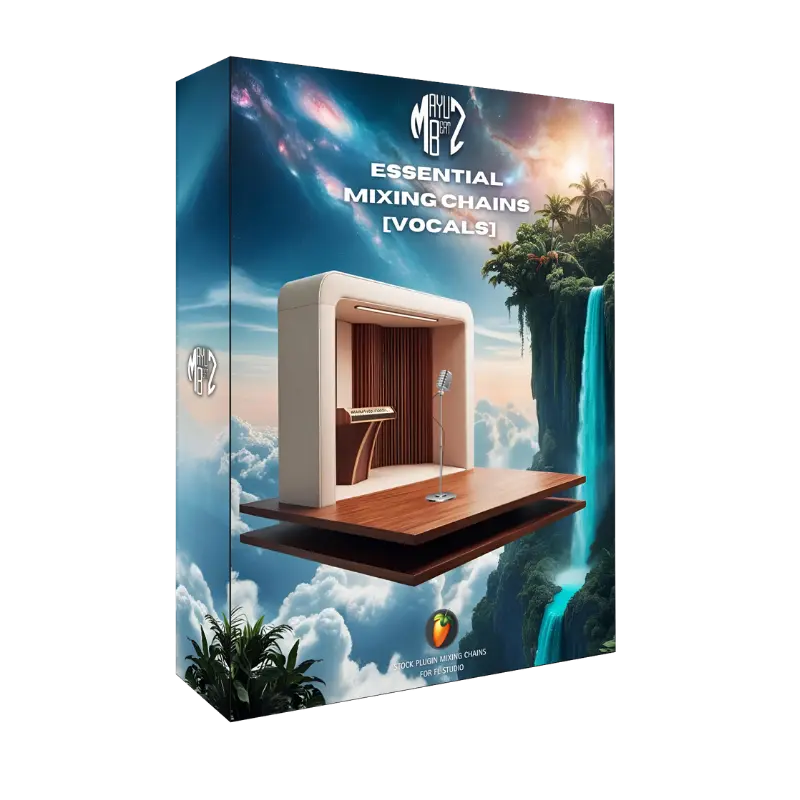 Product packaging for 'Essential Mixing Chains [Vocals]' with a scenic design on a white background.