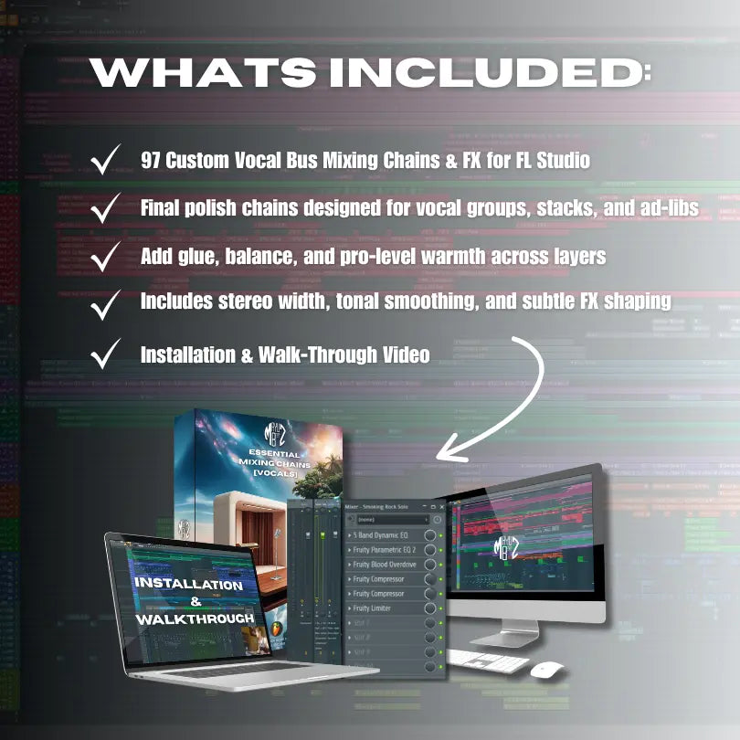 Promotional graphic for FL Studio Vocal audio mixing software with text and computer setup imagery.