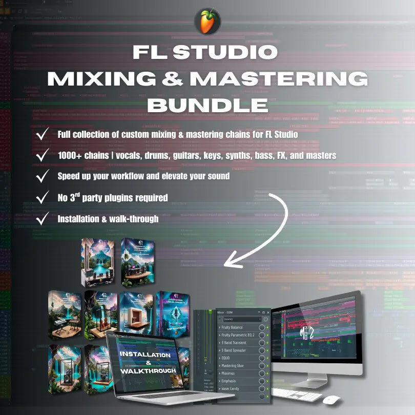 FL Studio mixing and mastering bundle advertisement with software interface and installation materials. Full collection of custom mixing & mastering chains for FL Studio
1000+ chains | vocals, drums, guitars, keys, synths, bass, X, and masters
Speed up your workflow and elevate your sound
No 3" party plugins required
Installation & walk-through