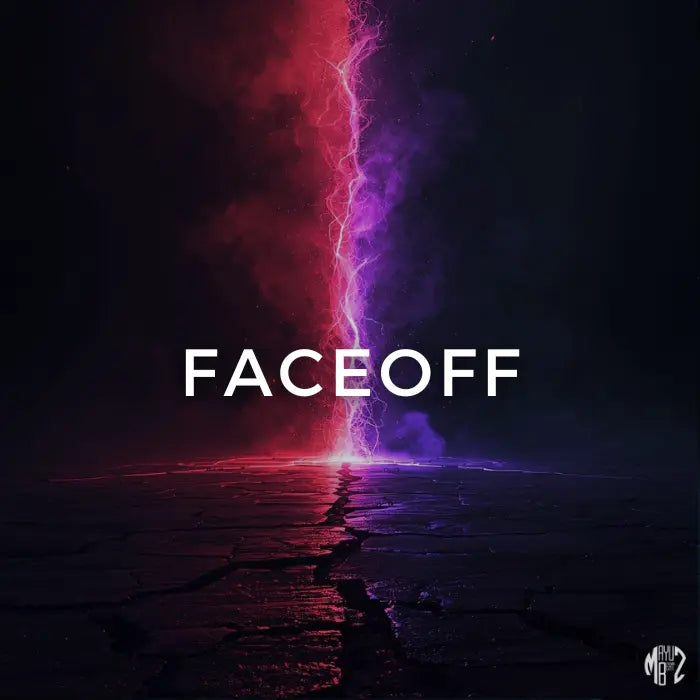 Artistic depiction of a divide between red and purple energy with 'FACEOFF' text. Face-off 162 BPM | D# Minor | Hip-Hop/Rap Beat
Face-Off is built for artists who move in silence and execute with precision. The energy is dark and intentional, perfect for calculated delivery and verses that feel strategic rather than reactive.

