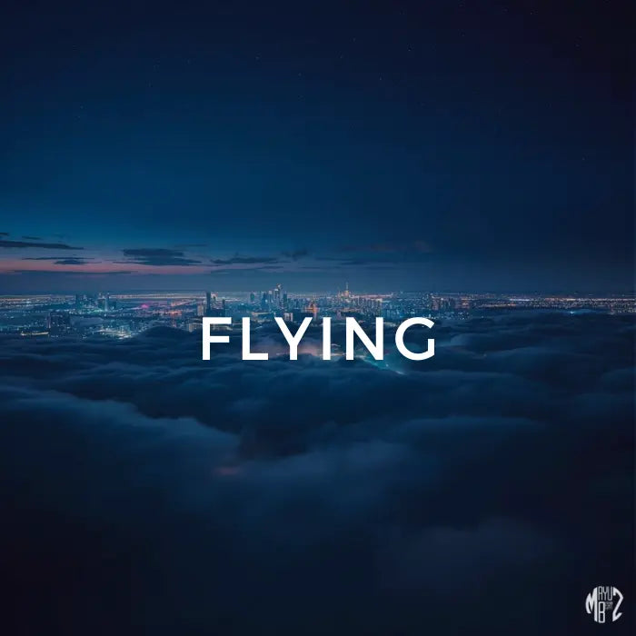 Flying – Hip-Hop/R&B Beat by Mayu Beatz (119 BPM, B Major). Cityscape at night with 'FLYING' text and logo in the corner. Royalty-free for recording artists.
