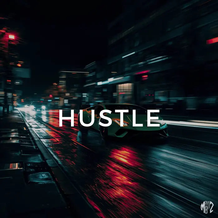 Car racing on a wet city street at night with the word 'HUSTLE' displayed.
