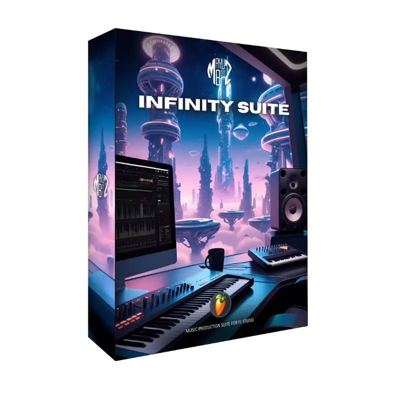 Box for 'Infinity Suite' FL Studio music production software with futuristic design elements. The All-in-one Music Production Suite