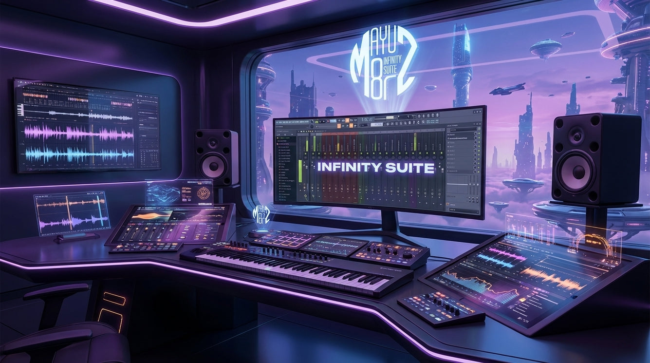Modern music production studio with multiple screens and audio equipment. Infinity Suite For Fl Studio.