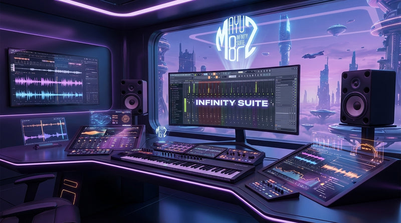 Modern music production studio with multiple screens and audio equipment. Infinity Suite For Fl Studio.