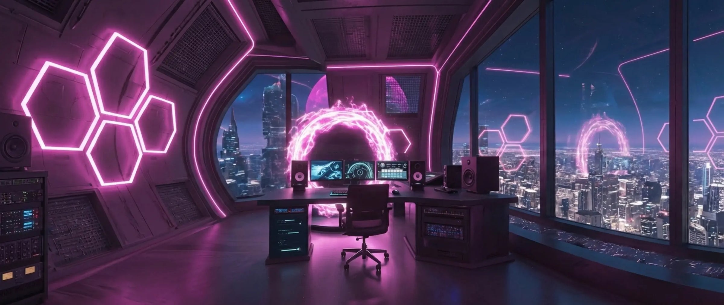 Modern office with futuristic design elements and neon lights.