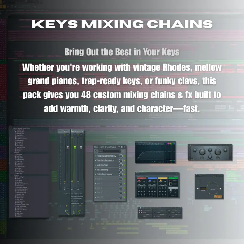 Promotional image for 'Keys Mixing Chains' with audio equipment and text on a dark background.