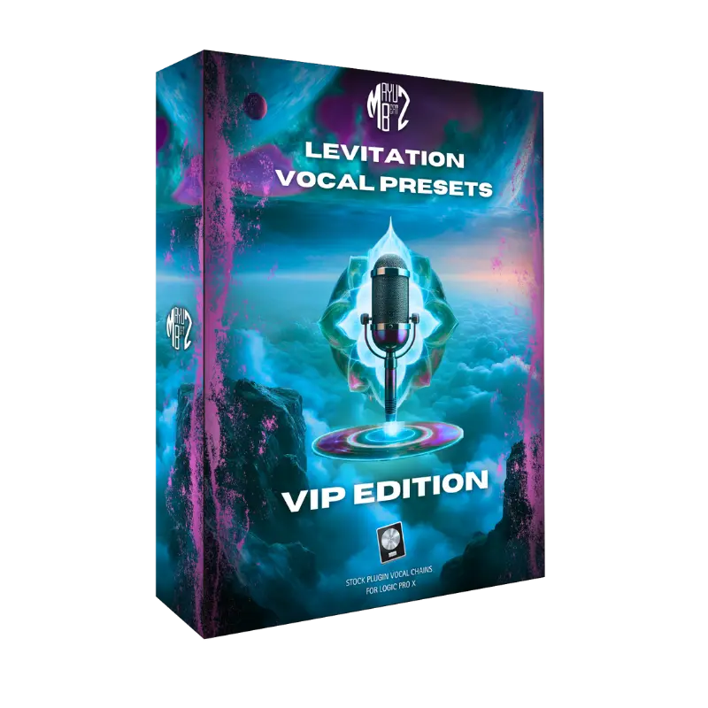 Packaging for Levitation Vocal Presets VIP Edition software, featuring a graphic with a microphone and abstract shapes on a black background.