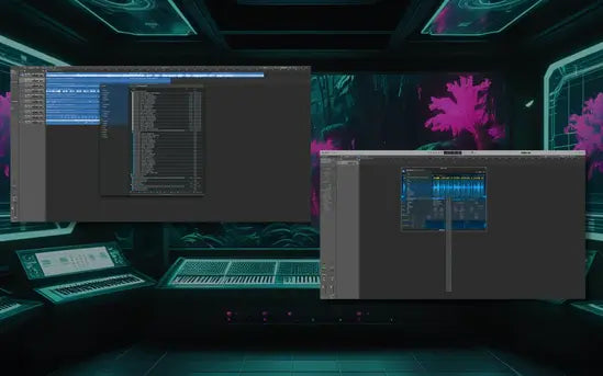 Logic Pro Control room with multiple computer monitors displaying technical data and graphs.