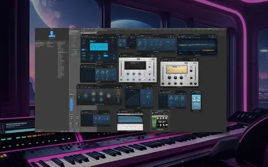 Music production software interface on a computer screen with a keyboard in the foreground.
