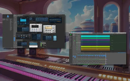 Music production software on computer screens with a futuristic room background