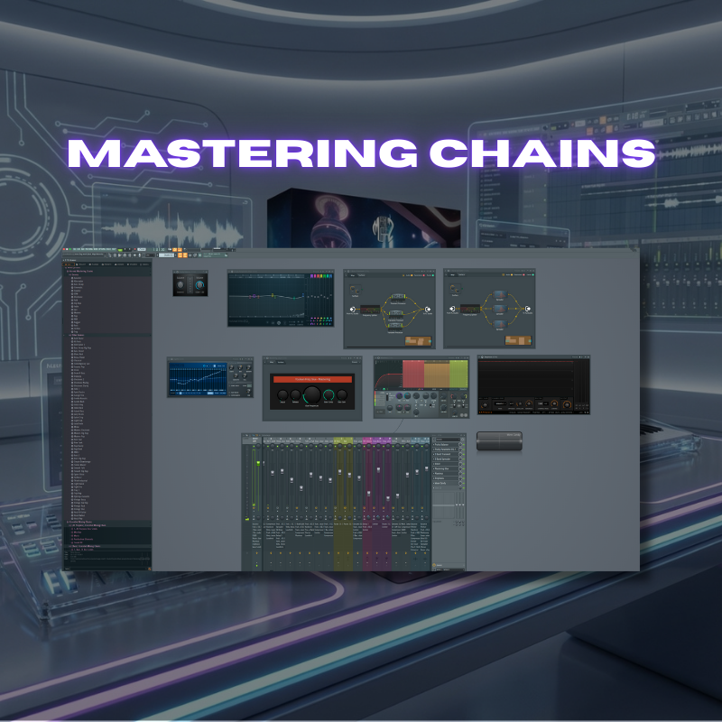 Infinity Suite For FL Studio is loaded with custom Mastering chains for every Genre. Music production software interface with 'Mastering Chains' text on a futuristic background