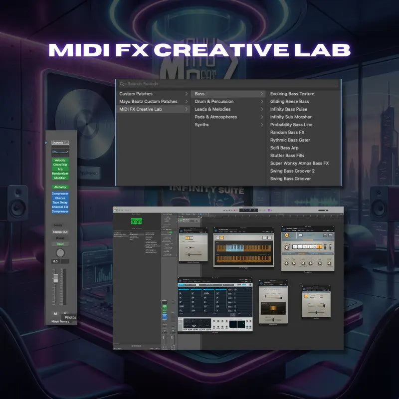 MIDI FX Creative Lab software interface on a computer screen with a dark room background.
