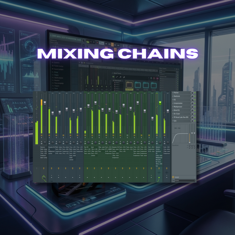 FL Studio Infinity Suite Music production software with mixing chains on a computer screen in a dark room.