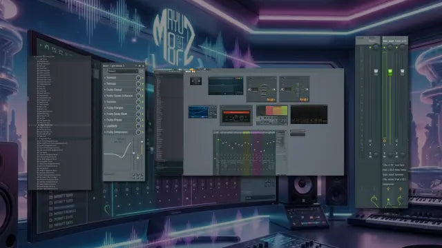 Fl Studio Infinity Suite. Digital interface with multiple screens and controls in a futuristic setting