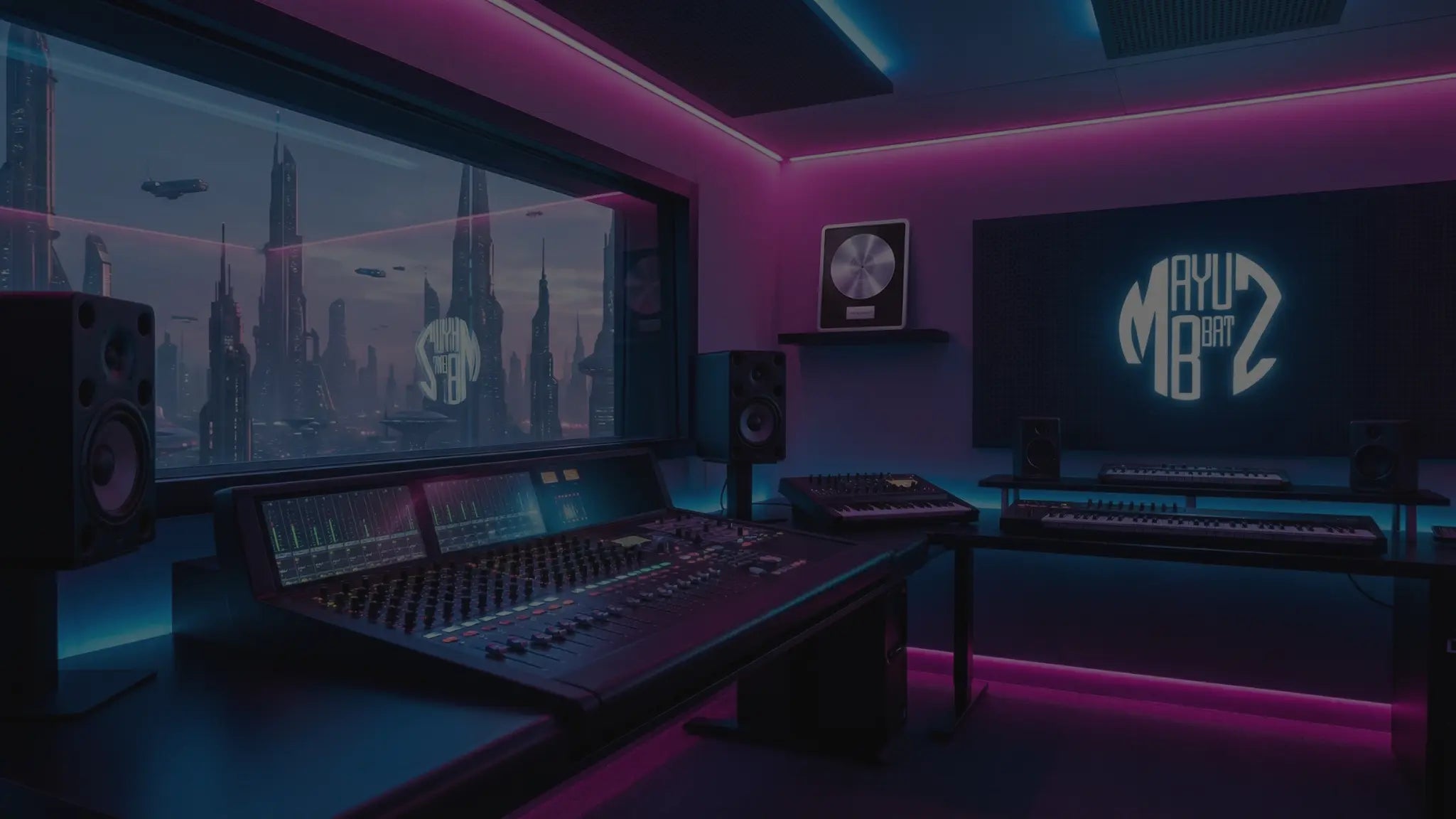Modern home studio with two large screens displaying cityscape and logo, surrounded by audio equipment.