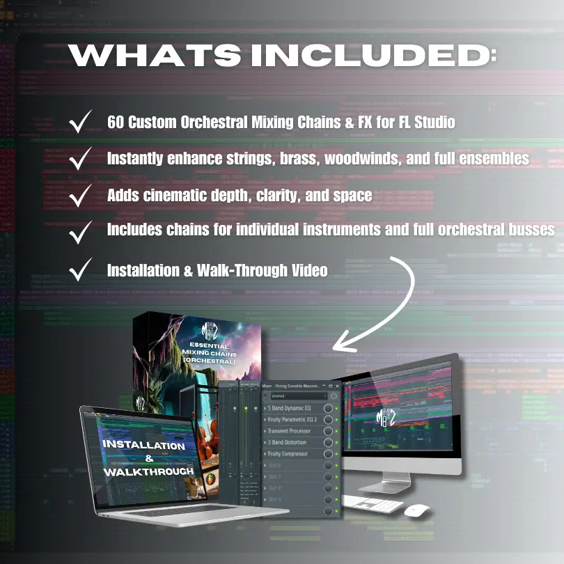 Promotional graphic for orchestral mixing chains and FX for FL Studio with text and images of software on screens.