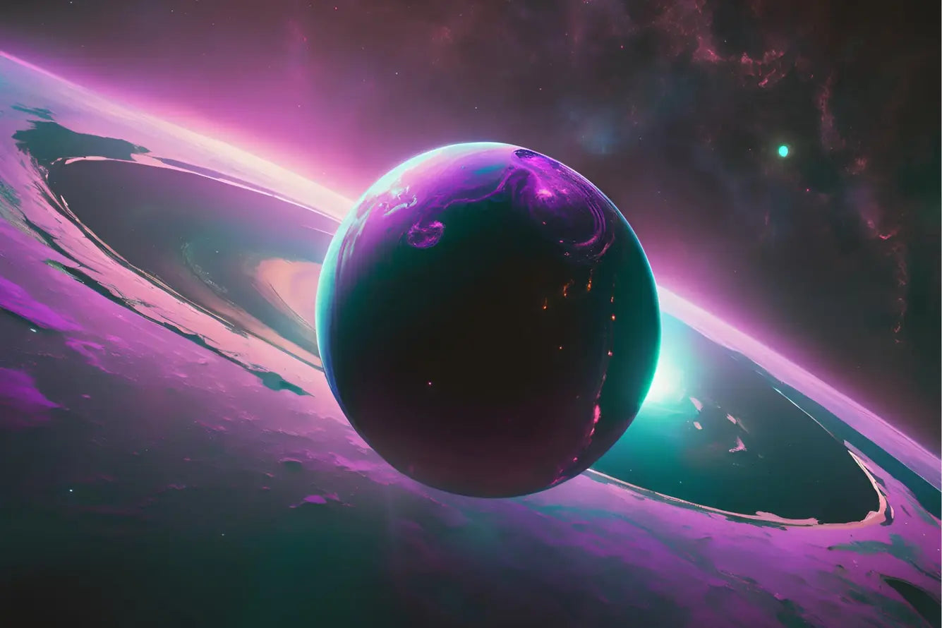 Purple planet with rings in a space setting