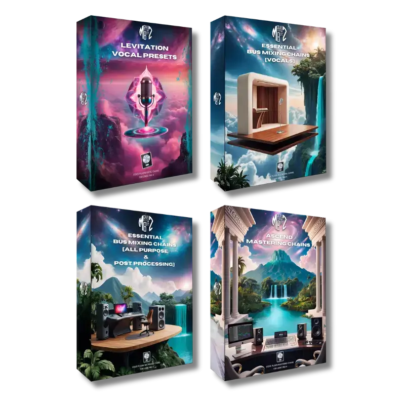 Four boxes of Logic Pro Standard Edition audio software products with scenic and technical designs on a white background