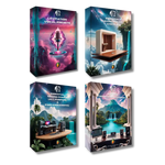 Four boxes of Vocal Mixing & Mastering music production software or hardware with scenic and technical designs on a white background.