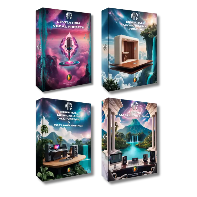 Four boxes of Vocal Mixing & Mastering music production software or hardware with scenic and technical designs on a white background.