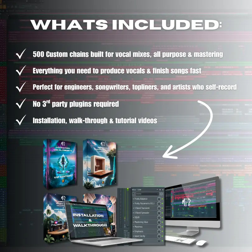 Promotional graphic detailing features of a vocal mixing software package for FL Studio with text and product images.