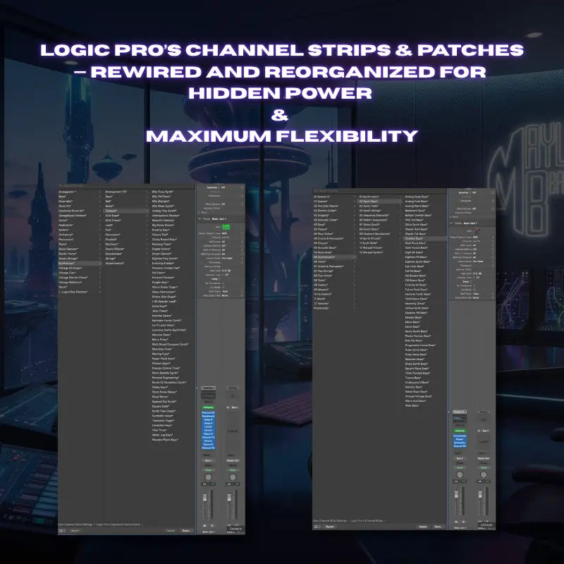 Software interface with channel strips and patches for music production, featuring text about hidden power and flexibility.