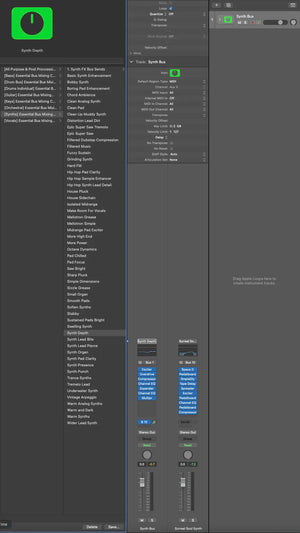 From lush pads and deep basses to shimmering leads and analog warmth, this pack delivers 68 expertly crafted bus chains that instantly enhance, glue, and transform your synth sounds. Whether you're shaping cinematic atmospheres, festival-ready EDM leads, or deep, vibey textures, these chains bring instant pro-level polish—all with Logic Pro stock plugins.