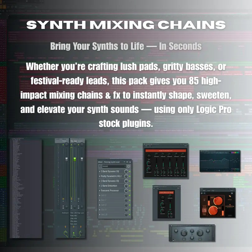 Promotional graphic for synth mixing chains FL Studio with text and audio interface elements.