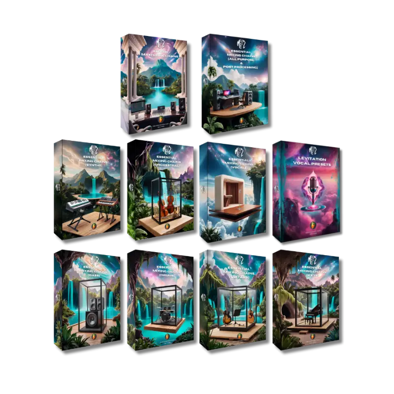 Ultimate Mixing & Mastering Bundle FL Studio Standard Edition Product Box. Set of eight boxes with artistic designs on a white background